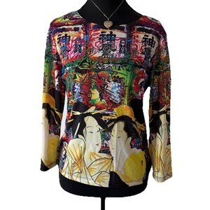 Vtg Museum Asian Geisha Floral Whimsigoth Shirt Sz Small Made In USA Y2K Grunge